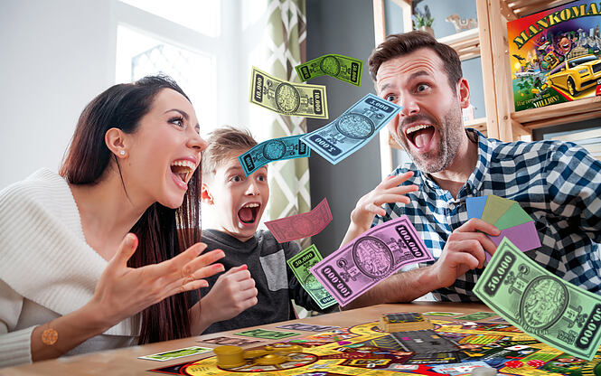 Happy family playing board game at home, boy throwing elements after winning