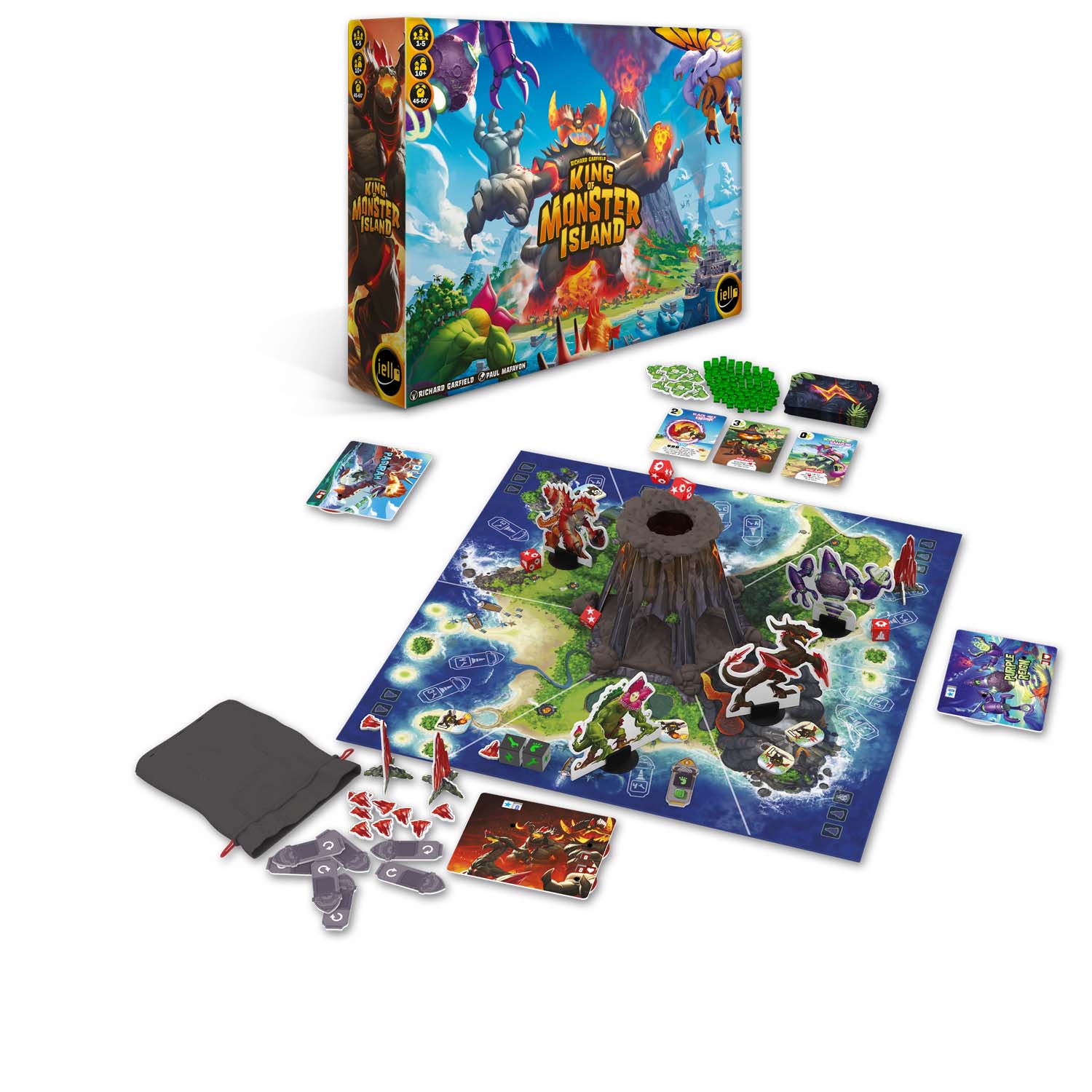 Abbildung Box und Inhalt zum Spiel King of Monster Island von Iello